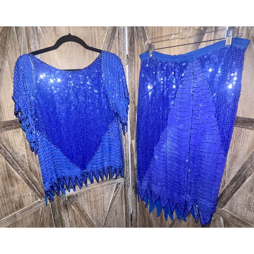 Vintage Dominique Blue Sequin Beaded Silk Blouse / Skirt Disco Set Medium